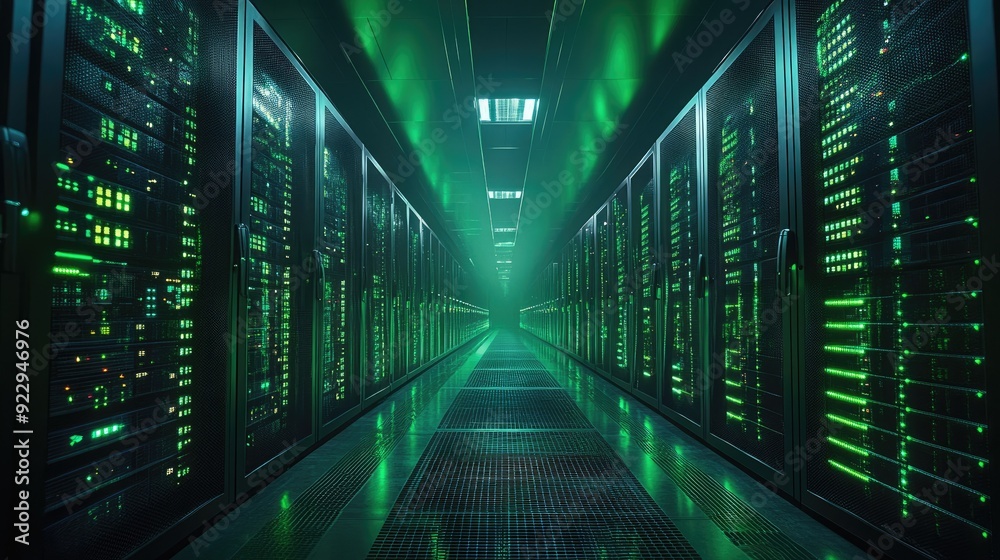 Futuristic Data Center Corridor with Illuminated Servers and Green Lights Futuristic Data Center Corridor with Illuminated Servers and Green Lights