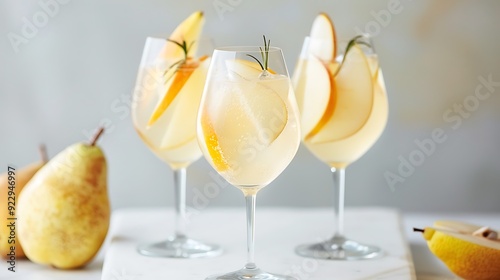 Summer sparkling cocktails on the white podiums Hard seltzer cocktails with lemon orange and pear