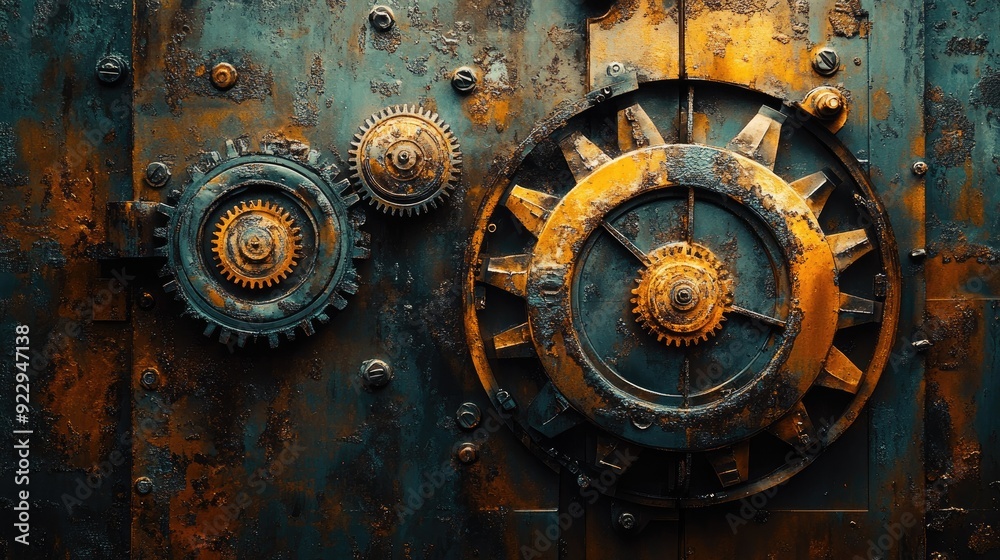 Close-up of Rusty Industrial Gears with Textured Metal Background Reflecting Urban Decay and Steampunk Aesthetics Close-up of Rusty Industrial Gears with Textured Metal Background Reflecting Urban Decay and Steampunk Aesthetics