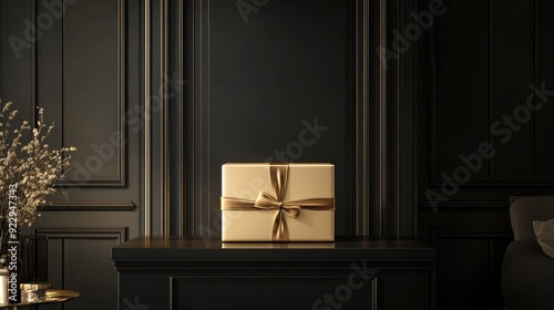A gold gift box with a golden bow sits on a black table against a dark wood-paneled wall.