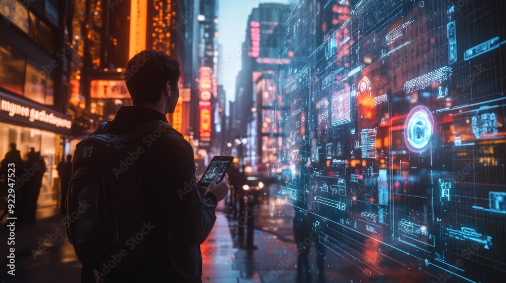 Man Using Tablet in Futuristic City with Digital Holographic Interface at Night Man Using Tablet in Futuristic City with Digital Holographic Interface at Night
