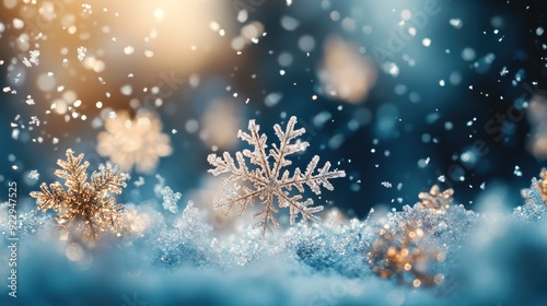 Magic of Winter: Close-Up of Sparkling Snowflakes and Frosty Snow Crystals in Sunset Light