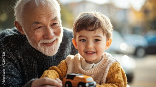 Smiling boy and elderly grandparents bond over  game, showcasing intergenerational love and fun photo