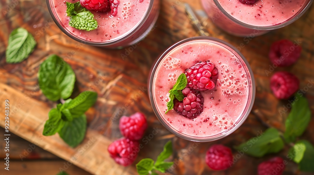 Top view of a raspberry smoothie glass set on a wooden boards Top view of a raspberry smoothie glass set on a wooden boards