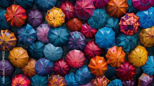 Aerial view of numerous vibrant umbrellas in a colorful display during rainy weather