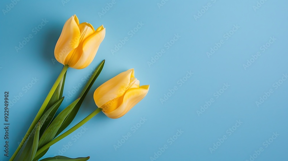 Two yellow tulips on blue background