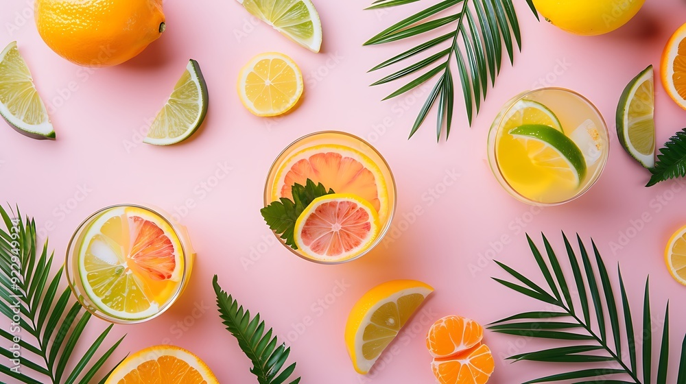 Unleash the taste of summer with this top view flat lay of citrus cocktails made with oranges lemons limes adorned with palm leaves on a stylish pink background Unleash the taste of summer with this top view flat lay of citrus cocktails made with oranges lemons limes adorned with palm leaves on a stylish pink background
