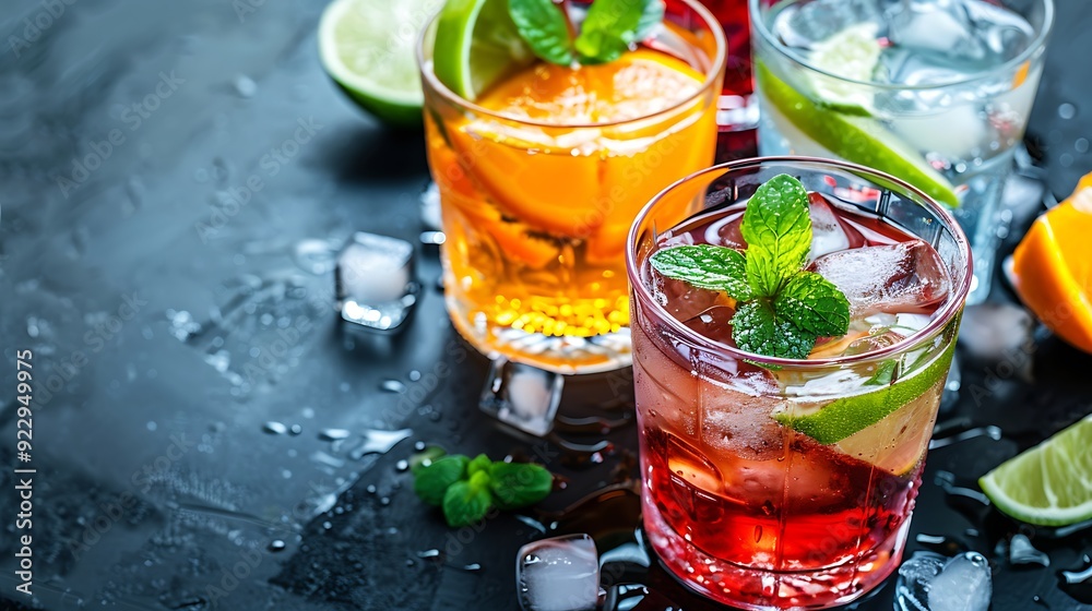 Variety of refreshing coctails with ice in glasses Variety of refreshing coctails with ice in glasses