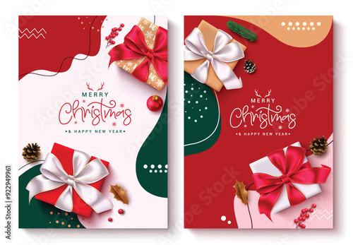 Christmas greeting vector poster set design. Merry christmas greeting text in colorful printed background with gift box, holly berry and spruce leaves elements. Vector illustration invitation card 
