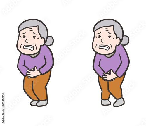 お腹が痛くて漏れそうなおばあさんのイラストセット