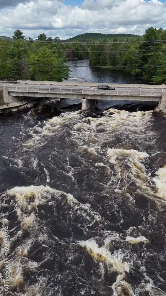 Drone flight above cascades and waterfalls park on the Ouareau River, in Rawdon, Quebec, Canada Drone flight above cascades and waterfalls park on the Ouareau River, in Rawdon, Quebec, Canada