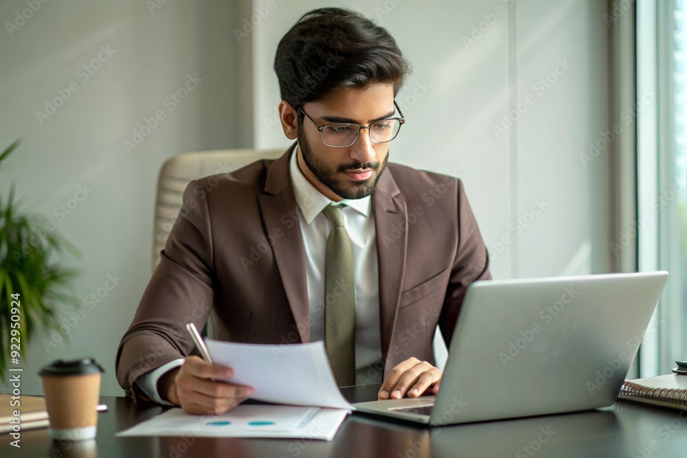 An Indian accountant working on tax documents or financial records, typically in an office environment.
An Indian accountant working on tax documents or financial records, typically in an office environment.