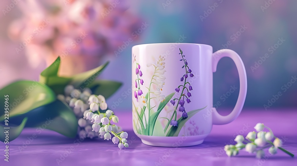White ceramic mug with Lily of the valley on purple background White ceramic mug with Lily of the valley on purple background