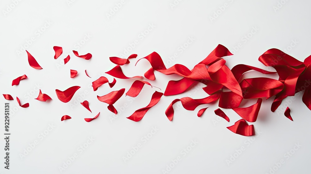 Create 5 prompts for stock photos related to A red ribbon is shown in the air, with a white background with 100-200 characters and ending with Create 5 prompts for stock photos related to A red ribbon is shown in the air, with a white background with 100-200 characters and ending with