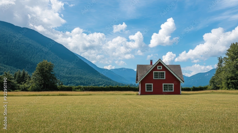 Obraz premium Create 5 prompts for stock photos related to A red house sits in a grassy field with a view of mountains in the background with 100-200 characters and ending with