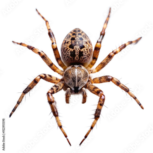 How about: Close-up of a brown European garden spider isolated on a white background?