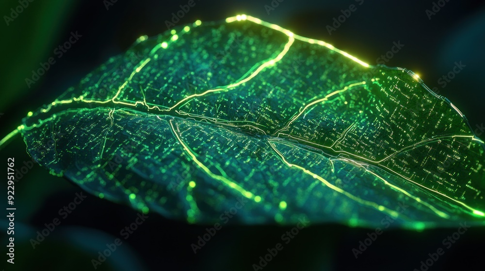 A Leaf Illuminated with Glowing Green Lines A Leaf Illuminated with Glowing Green Lines