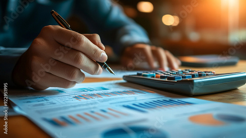 Man Calculating Budget, Profit & Loss Graph & Writing Somthing