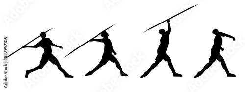 Vector set of silhouettes of javelin isolated on white background.