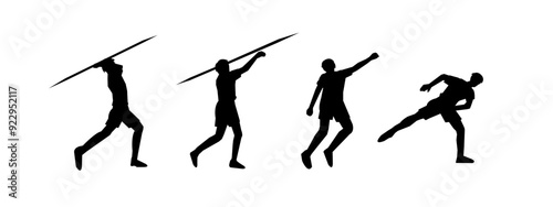 Vector set of silhouettes of javelin isolated on white background.