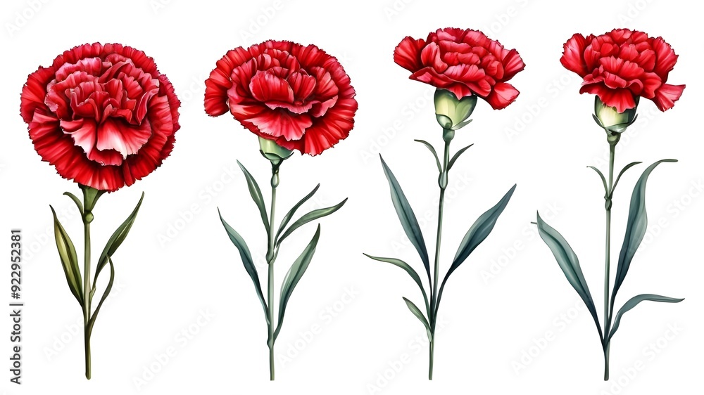 Fototapeta premium Set beautiful red carnation isolated on white background. Hand-drawn with effect of drawing in watercolor