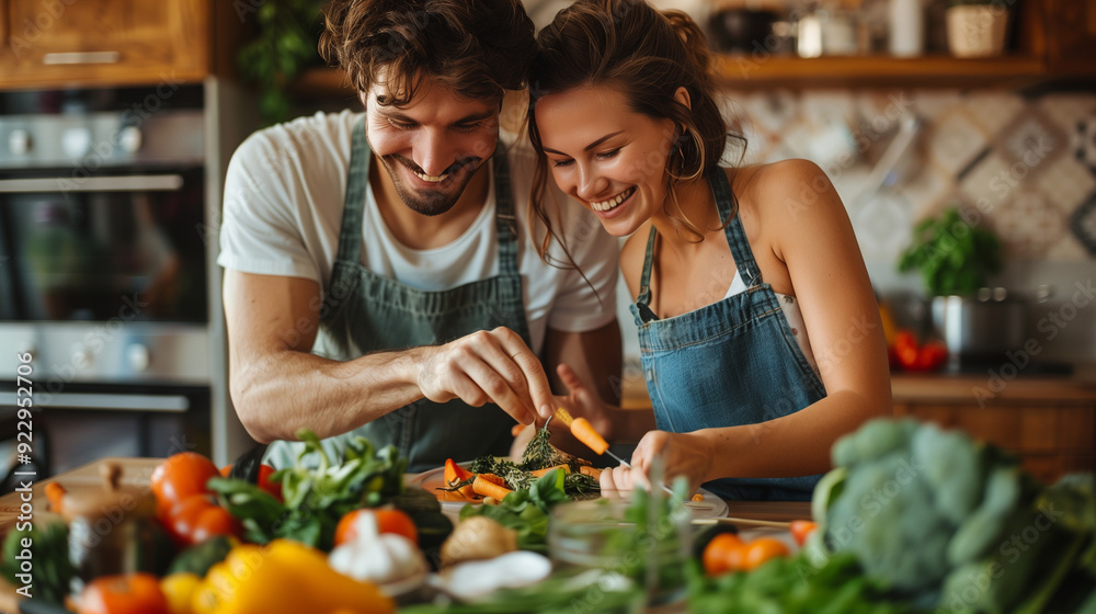 Young couple preparing a meal in a modern kitchen, sharing a laugh, bright natural light, and fresh ingredients. Young couple preparing a meal in a modern kitchen, sharing a laugh, bright natural light, and fresh ingredients.