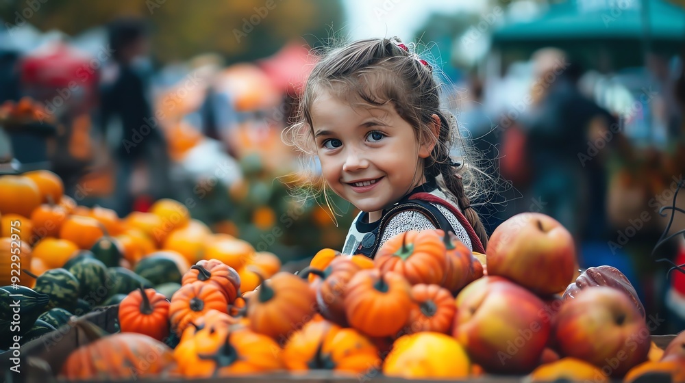 Fototapeta premium A smiling young girl peeks out from behind a pile of pumpkins at a fall market.