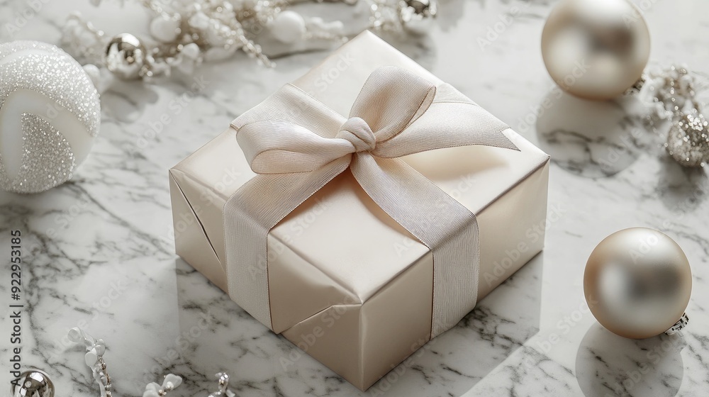 Elegant gift box with a satin ribbon on a marble surface with Christmas ornaments. Elegant gift box with a satin ribbon on a marble surface with Christmas ornaments.