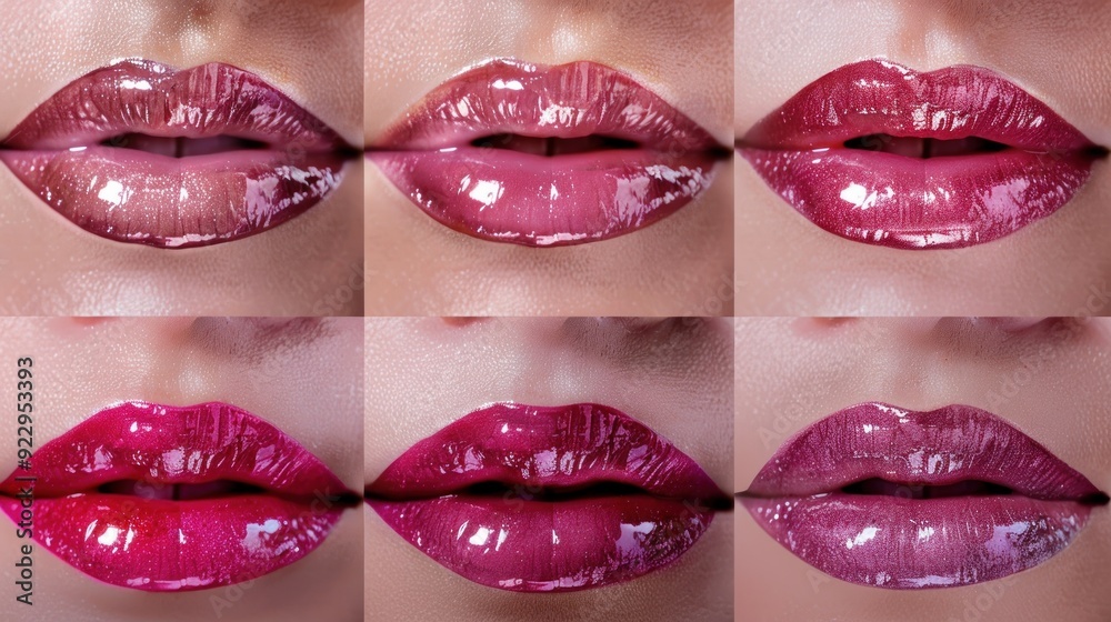 Obraz premium Six close-up images of lips with different shades and finishes of lipstick, ranging from nude to deep berry, showcasing various makeup looks.