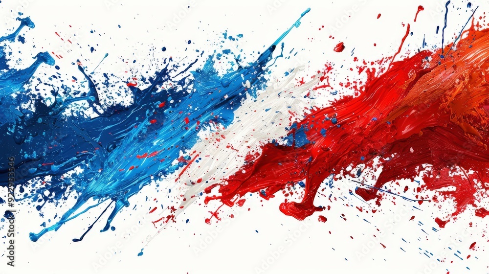 Generate a vibrant image of a French paint splash flag in blue, red, and white, with a liquid explosion effect on a white background. France tricolore, Europe celebration, soccer, travel, tourism Generate a vibrant image of a French paint splash flag in blue, red, and white, with a liquid explosion effect on a white background. France tricolore, Europe celebration, soccer, travel, tourism