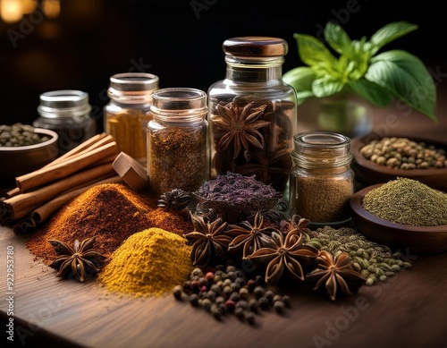 A variety of flavorful kitchen spices, ready to enrich dishes with natural aromatic