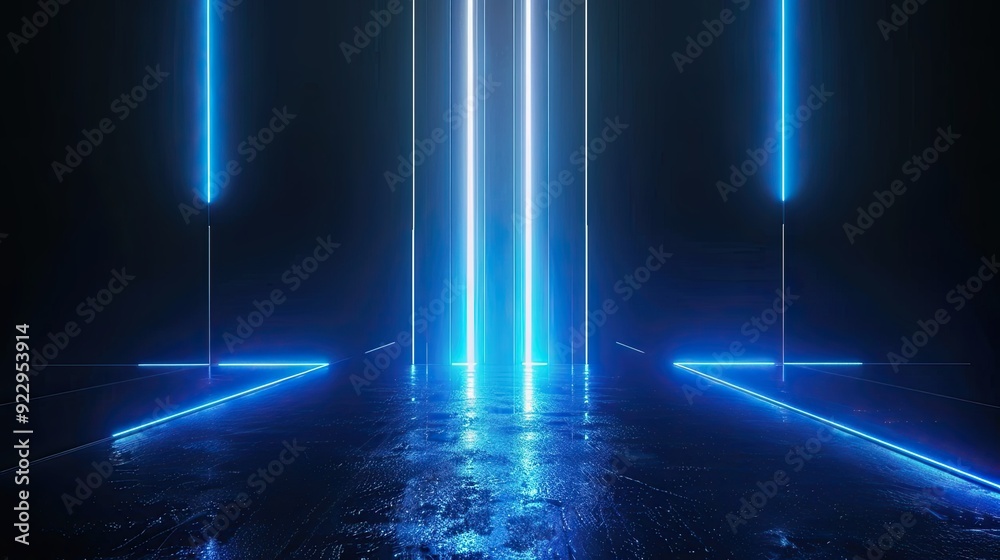abstract blue glowing lines on a black background, a vertical line with glow and light effects in the middle of the composition, light rays coming from the bottom left corner,