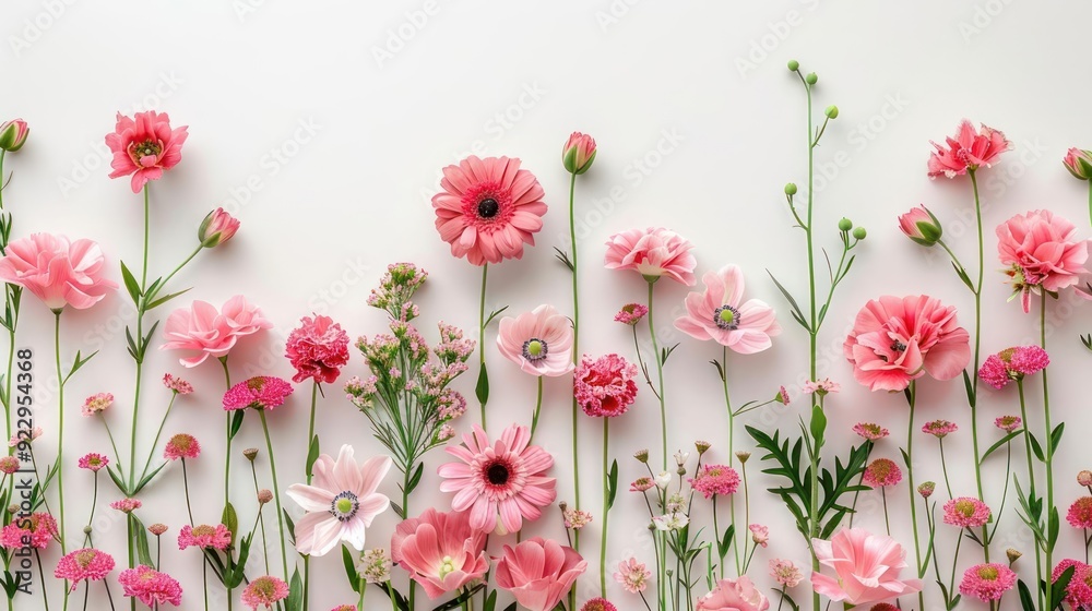 A creative and artistic arrangement of pink flowers on a white background. A creative and artistic arrangement of pink flowers on a white background.