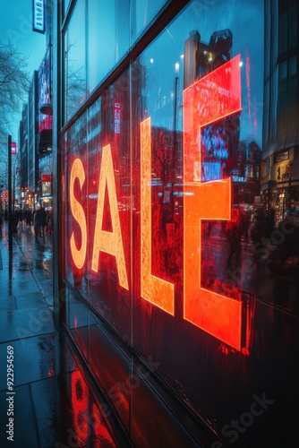 Large sale sign on the window of a store, Sale discount concept photo