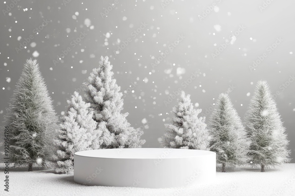 Fototapeta premium White podium with fir trees and falling snow. Display for winter holidays, New Year and Christmas product presentation with generative ai