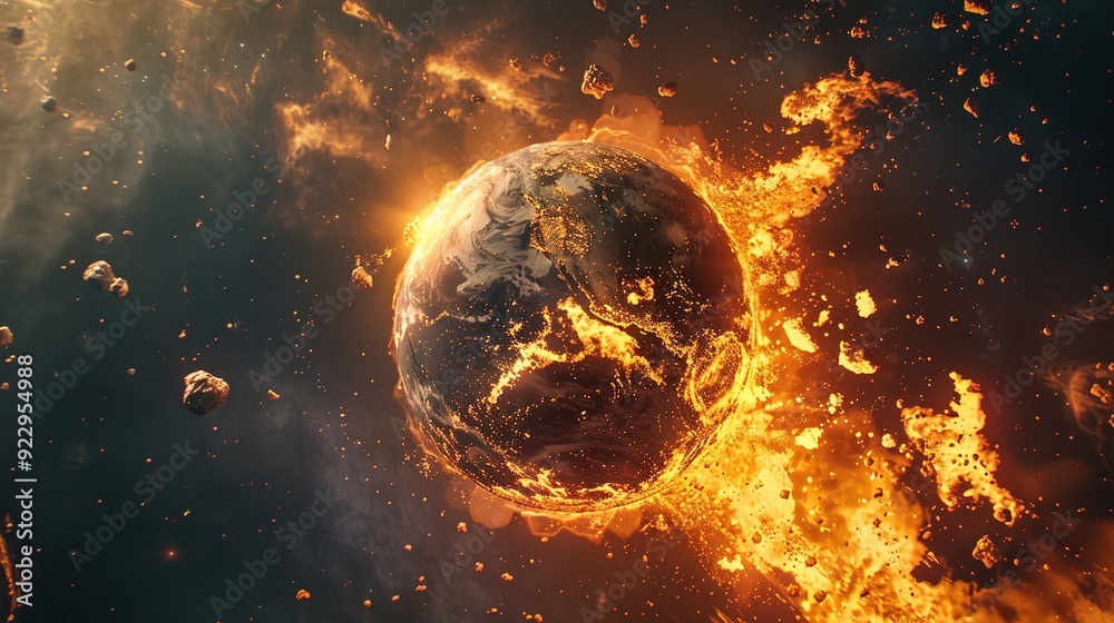 Earth engulfed in flames with asteroids flying past Earth engulfed in flames with asteroids flying past