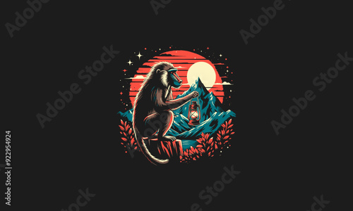 baboon holding lantern on mountain vector artwork design