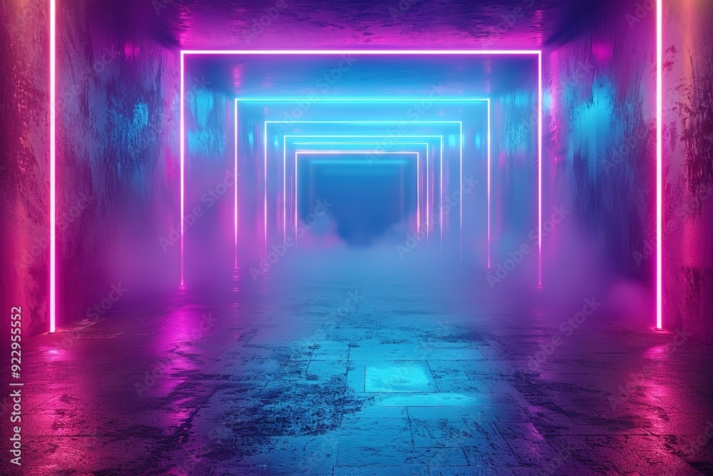 Futuristic tunnel with neon lights and fog. Futuristic tunnel with neon lights and fog.