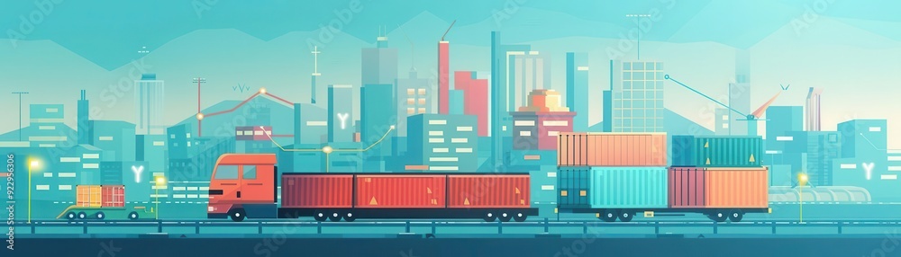 Naklejka premium Colorful illustration of a truck transporting cargo in a vibrant urban landscape with skyscrapers and containers.