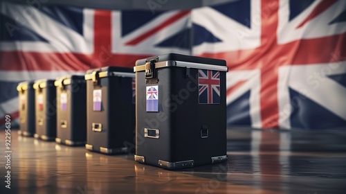 A row of voting ballot boxes featuring the United Kingdom. Generative Ai