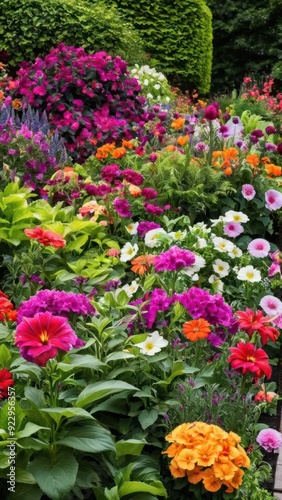 A wide variety of colorful flowers and plants in a beautifully maintained garden,