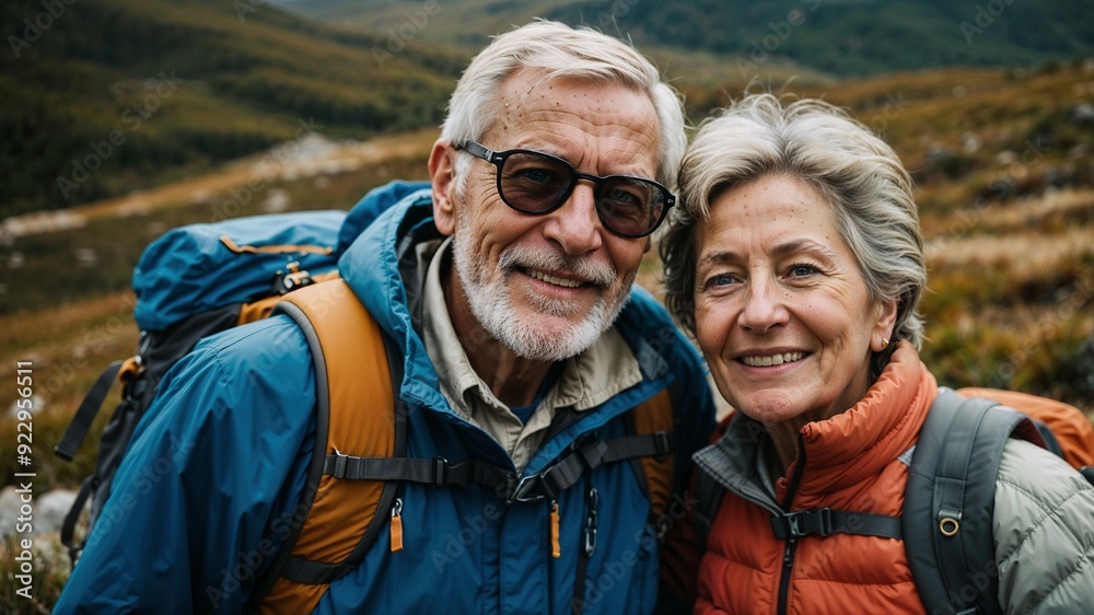 Two seniors, enjoying a hike in the woods. They are walking together in an outdoor environment. Two seniors, enjoying a hike in the woods. They are walking together in an outdoor environment.