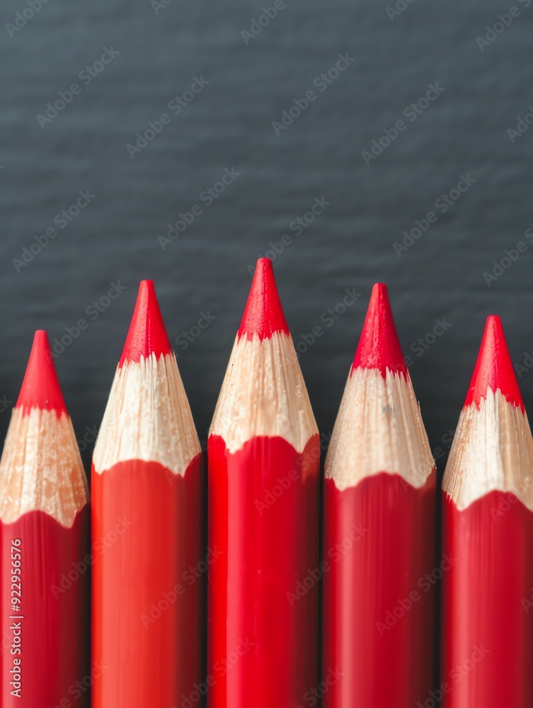 Six red pencils aligned in a row on a dark background.