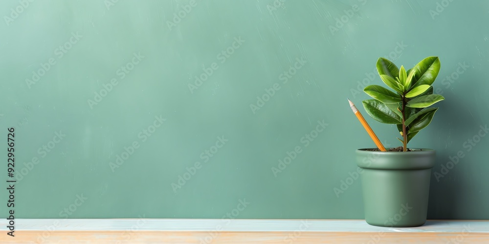 Green plant in a pot with pencil on green chalkboard background. Green plant in a pot with pencil on green chalkboard background.