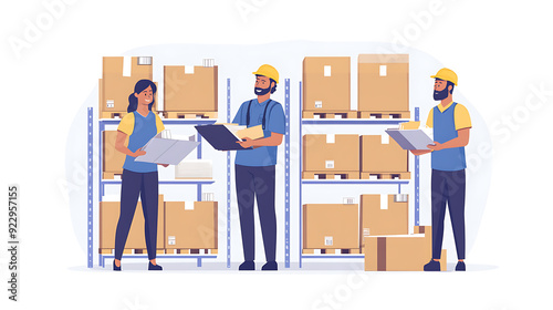 Illustration of a warehouse team working together, using clipboards to manage inventory in a storage area filled with boxes and shelves.