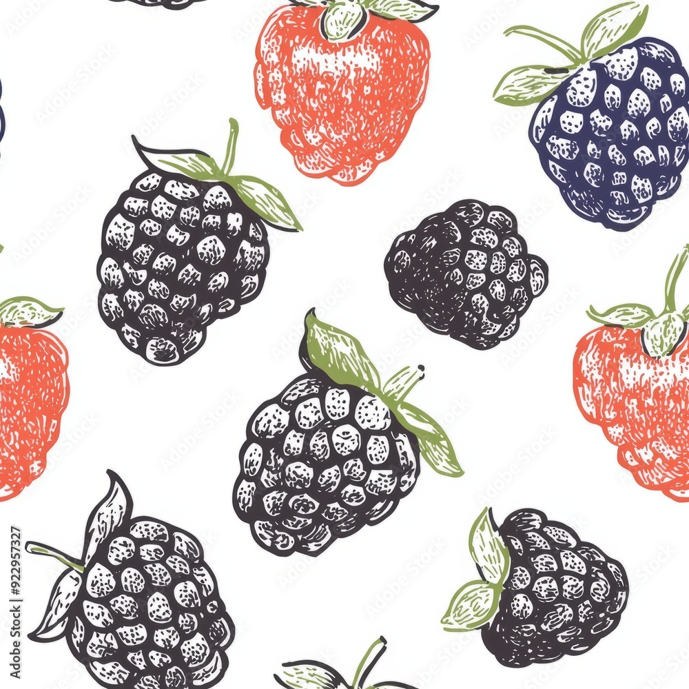 Seamless pattern of hand-drawn berries like strawberries, blueberries, and blackberries Seamless pattern of hand-drawn berries like strawberries, blueberries, and blackberries