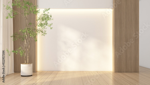 Fototapeta Naklejka Na Ścianę i Meble -  Modern japan style empty room decorated with white wall and wood slat wall. 3d rendering