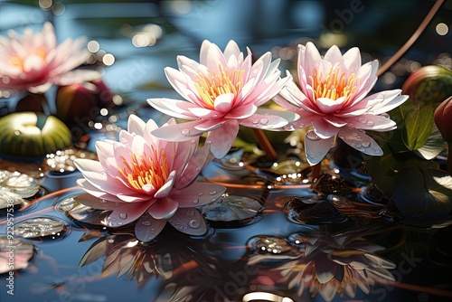 A water lily and its reflection in a still pond photo