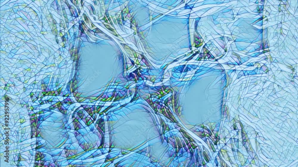 Liquid crystal texture. Blue glitched wave with colorful iridescent pixel pattern chaotic dynamic digital flow abstract background.