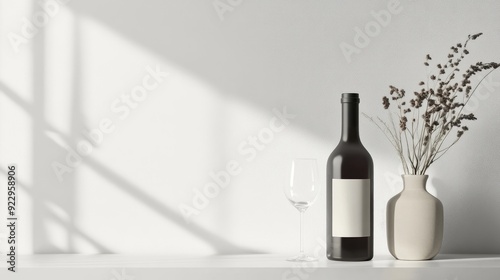 A bottle of wine, a wine glass, and a vase of dried flowers on a white shelf against a white wall with a window shadow.